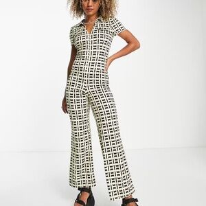 ASOS design collar zip front 70s rib jumpsuit in geo print